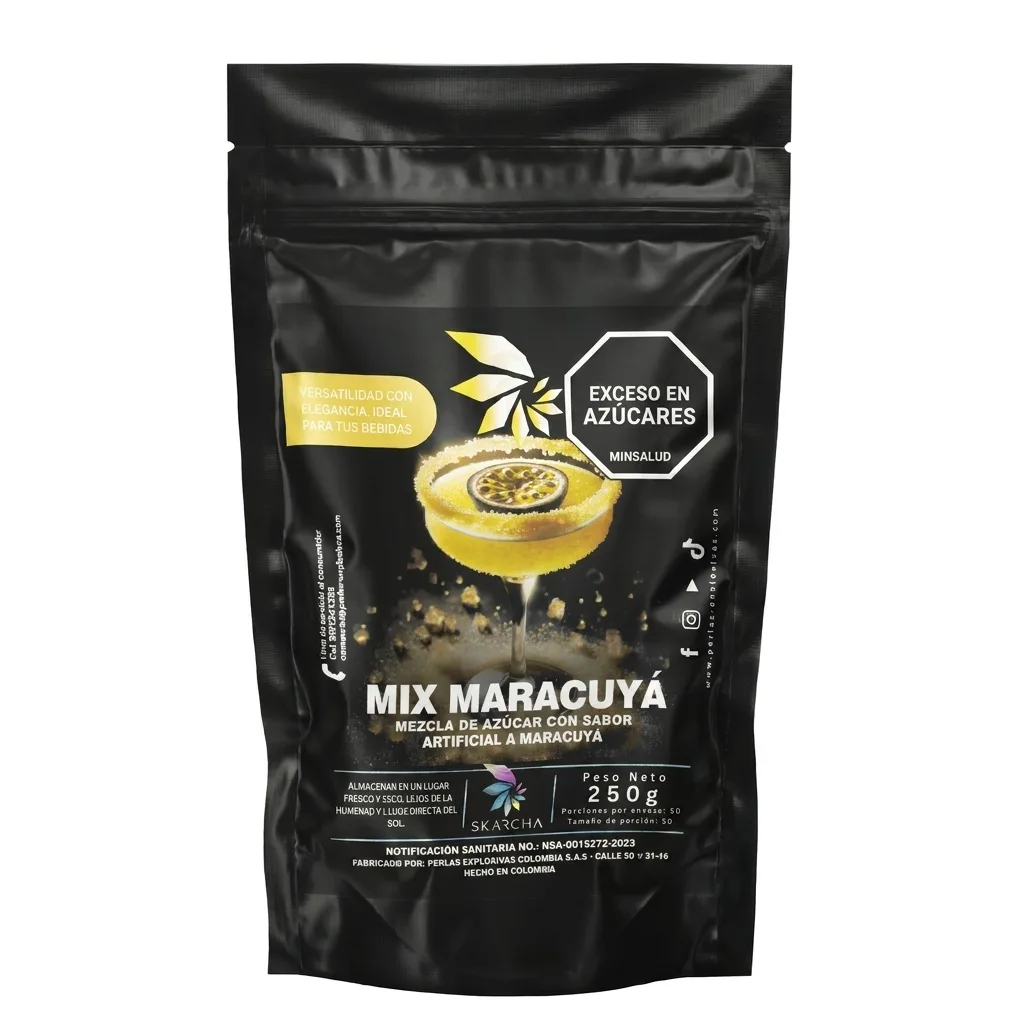 Empaque del escarchador Skarcha mix maracuyá con cóctel dorado salpicado, ideal para bebidas con perlas explosivas LiquiPops