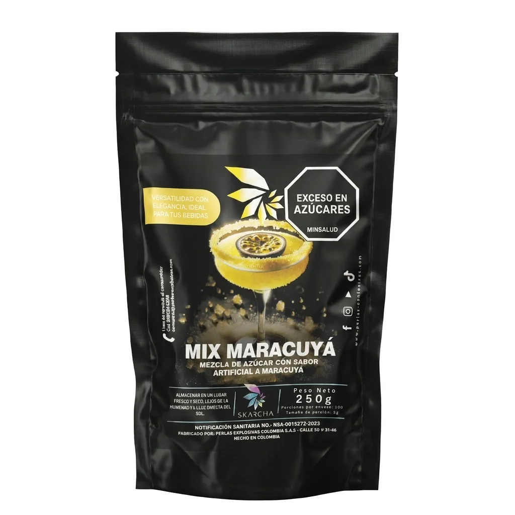 Bolsa de escarchador Skarcha mix maracuyá 250g con copa de cóctel dorado, para bebidas con perlas explosivas LiquiPops