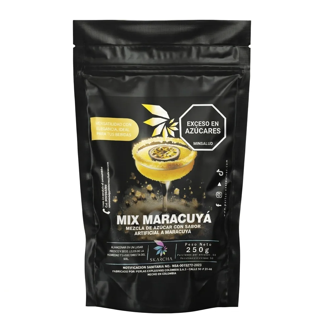 Packshot del escarchador Skarcha mix maracuyá 250g, mezcla de azúcar para bebidas con perlas explosivas LiquiPops