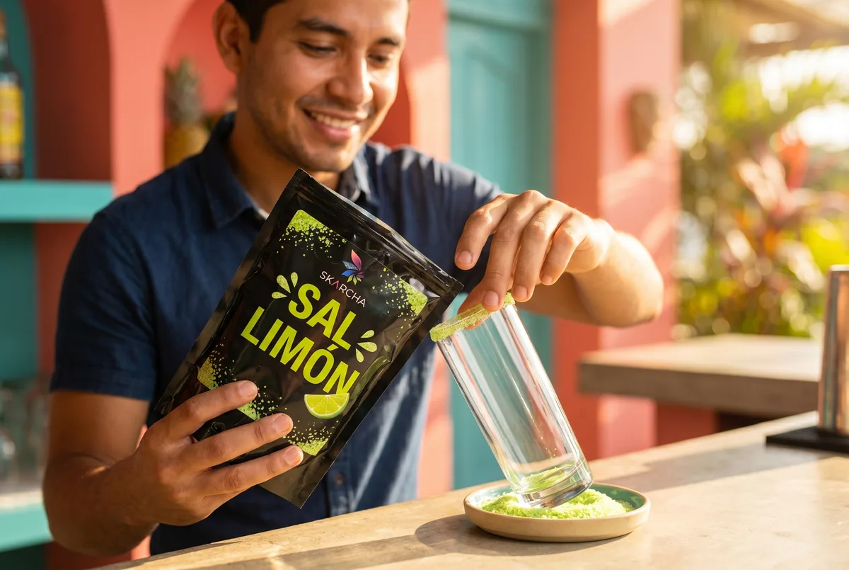Hombre escarcha el borde de un vaso con sal limón Skarcha en una barra — escarchador Skarcha by LiquiPOPS para cócteles