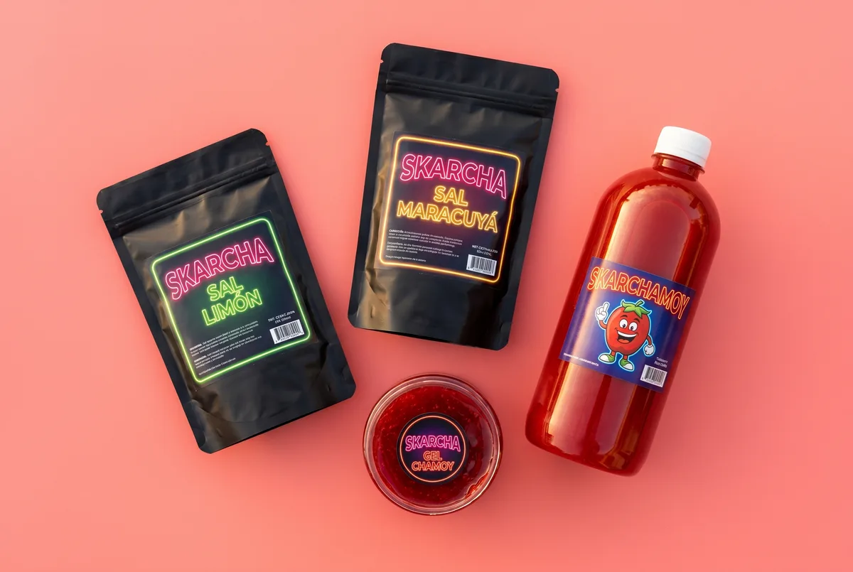 Bolsas de sal limón y sal maracuyá Skarcha, gel chamoy y botella Skarchamoy sobre fondo coral — escarchadores y chamoy by LiquiPOPS