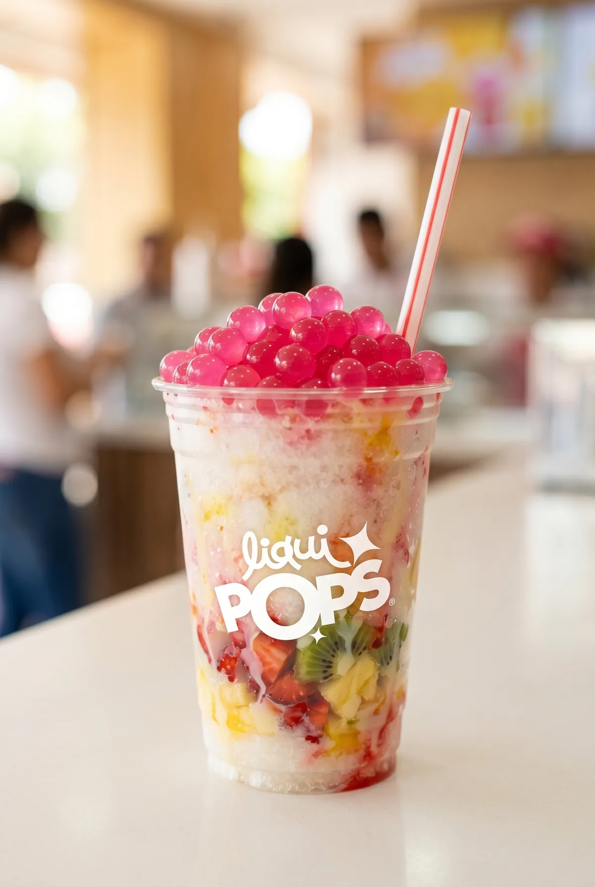 Frappé de café y caramelo con crema y perlas explosivas blancas LiquiPops — bebida helada en cafetería