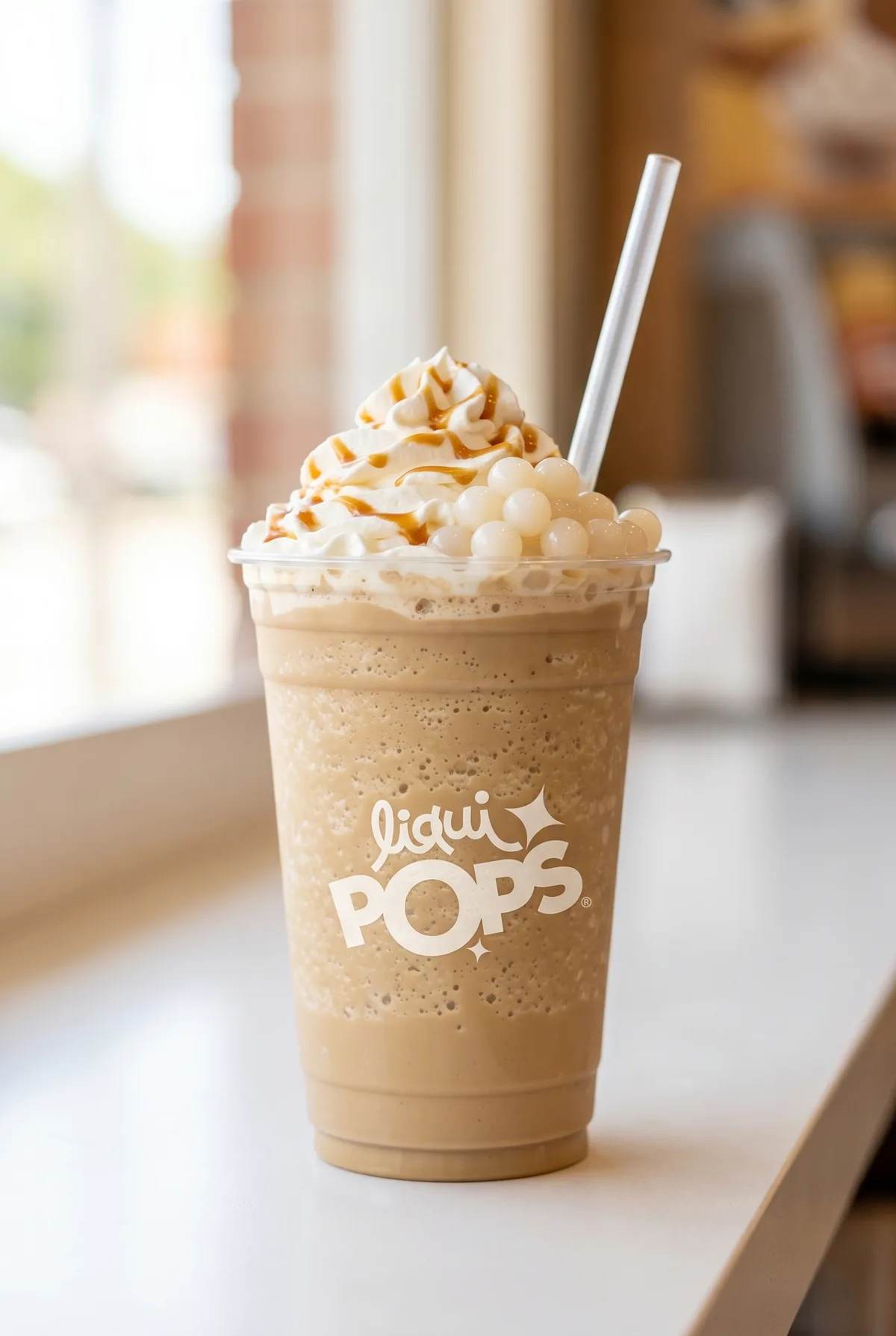 Frappe de café y caramelo con crema, sirope y perlas explosivas LiquiPops claras — vaso LiquiPOPS sobre mostrador