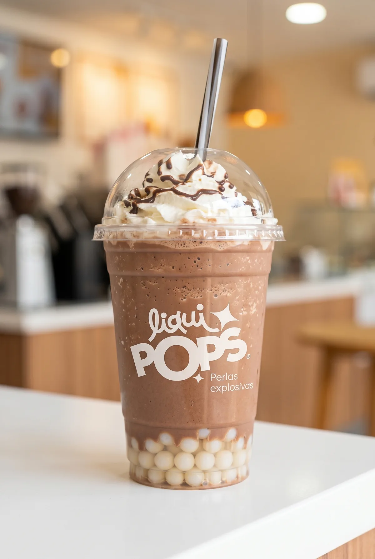 Frappé de chocolate con crema, salsa y perlas explosivas blancas LiquiPops — bebida helada con cúpula servida en mostrador