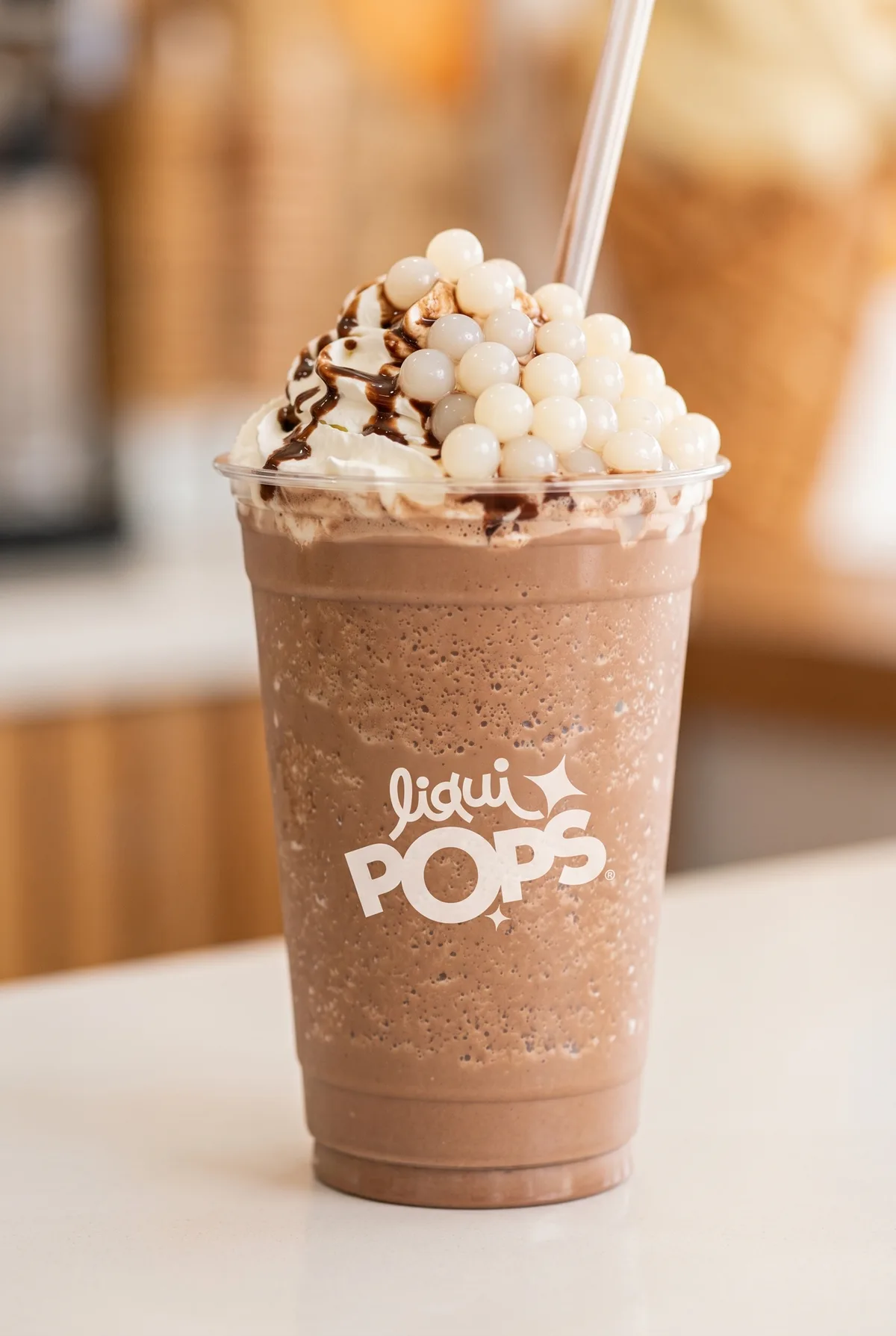Frappé de chocolate con crema, salsa y perlas explosivas blancas LiquiPops — bebida helada lista para servir