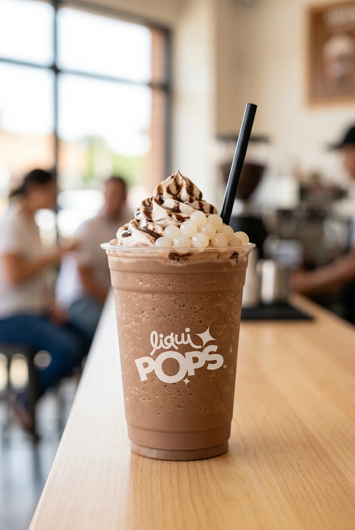 Frappe de chocolate batido con crema y perlas explosivas LiquiPops blancas — servido en vaso LiquiPOPS dentro de una cafetería
