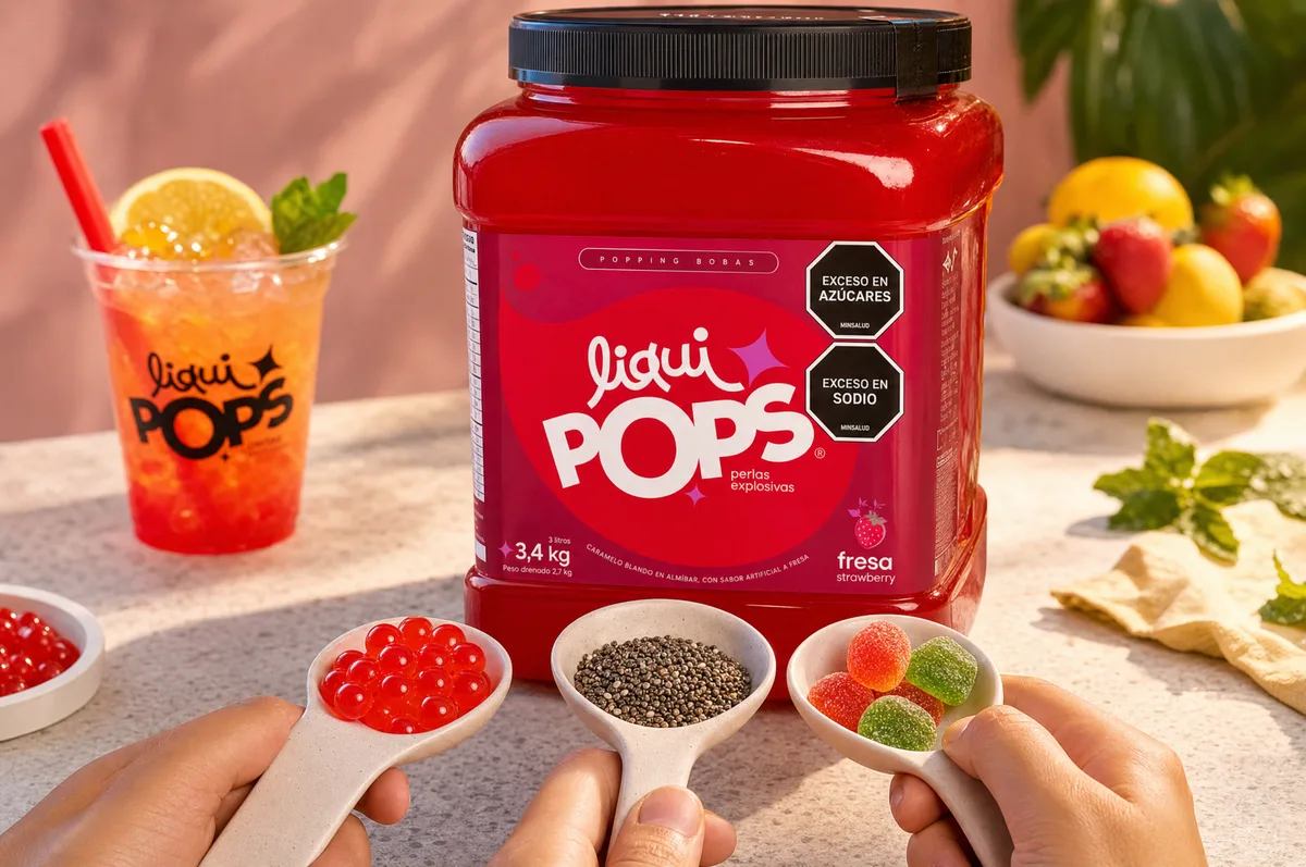 Frasco de perlas explosivas LiquiPops sabor fresa junto a cucharas con perlas, semillas y gomitas y bebida frutal