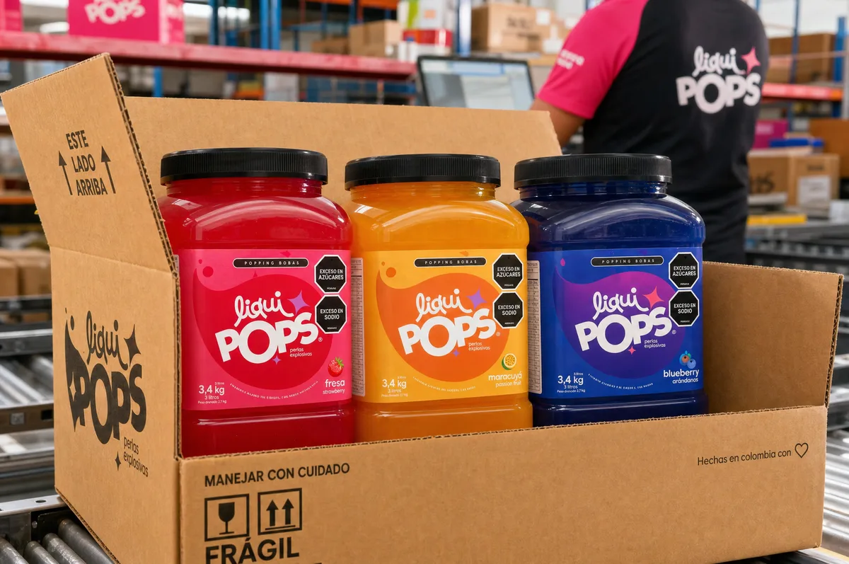 Tres frascos de perlas explosivas LiquiPops sabores fresa, maracuyá y blueberry empacados en caja en bodega