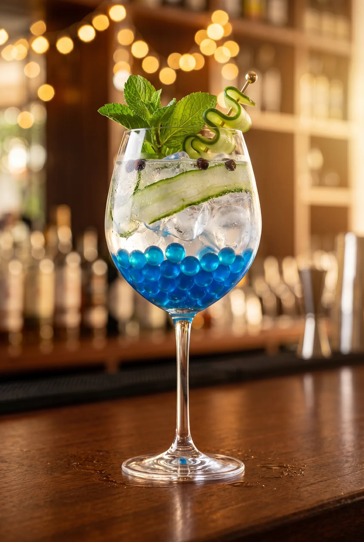 Gin tonic con pepino, menta y perlas explosivas azules LiquiPops en copa de vino, con luces cálidas al fondo