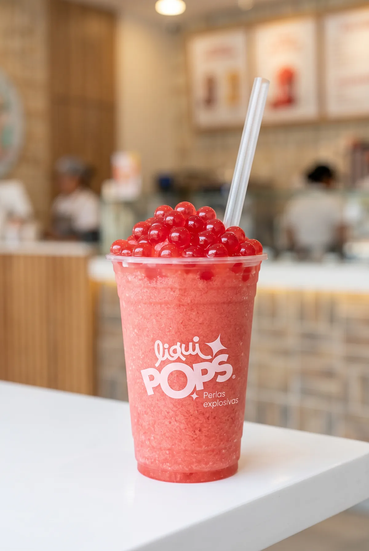 Granizado azul de frambuesa con perlas explosivas azules LiquiPops — bebida helada refrescante en vaso