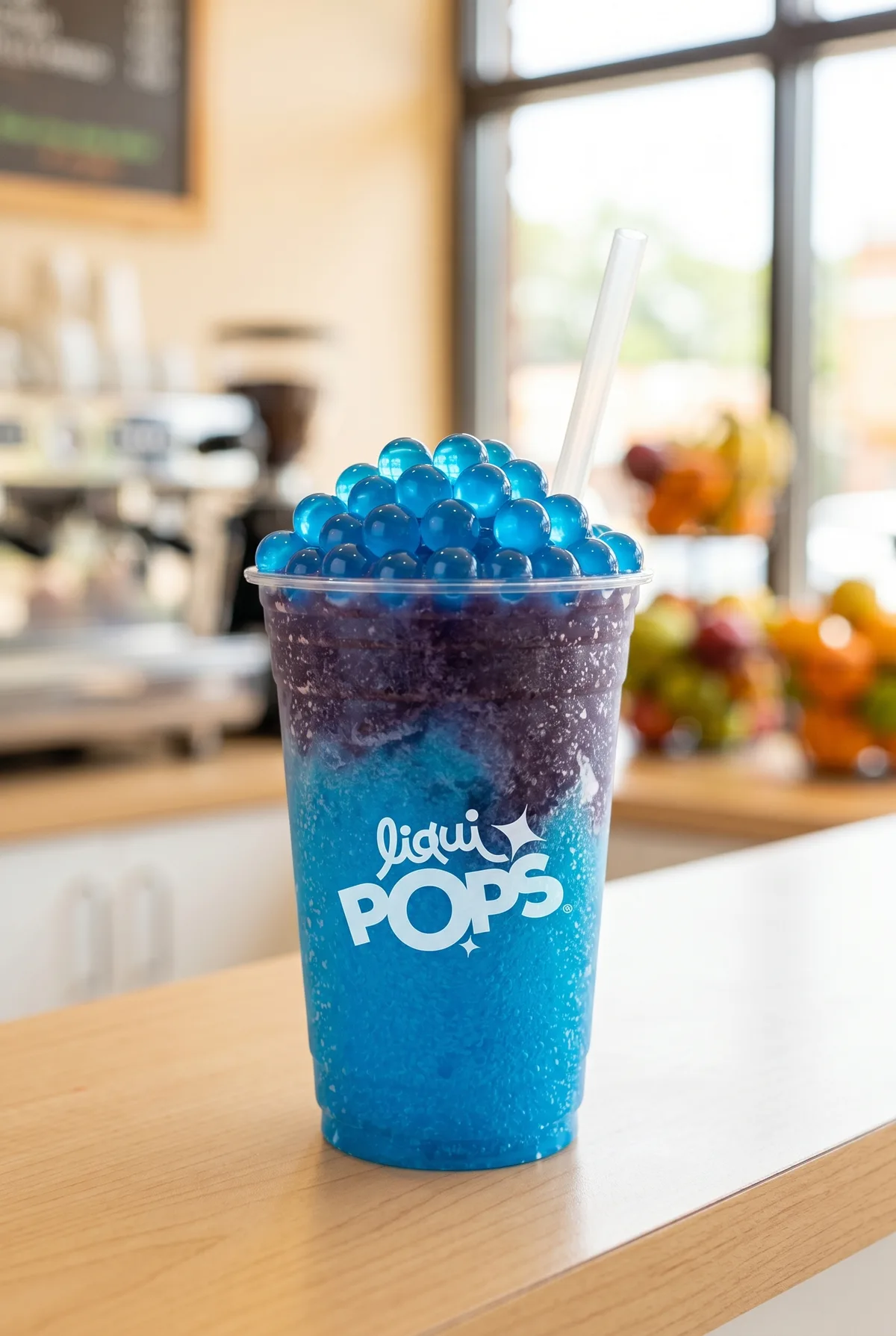 Granizado degradado azul con perlas explosivas azules LiquiPops apiladas — vaso LiquiPOPS sobre mostrador de madera