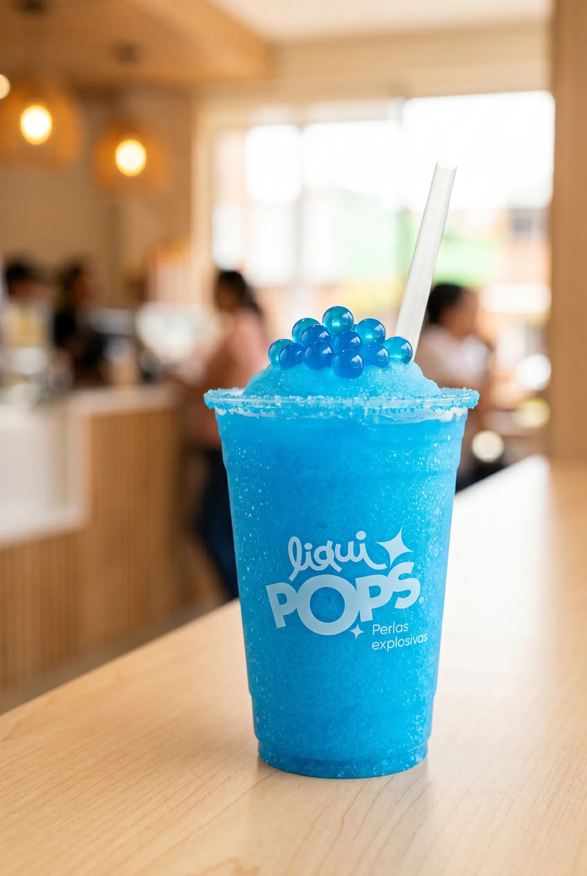 Granizado azul de frutos azules con escarchado y perlas explosivas azules LiquiPops — vaso LiquiPOPS sobre mesa de madera