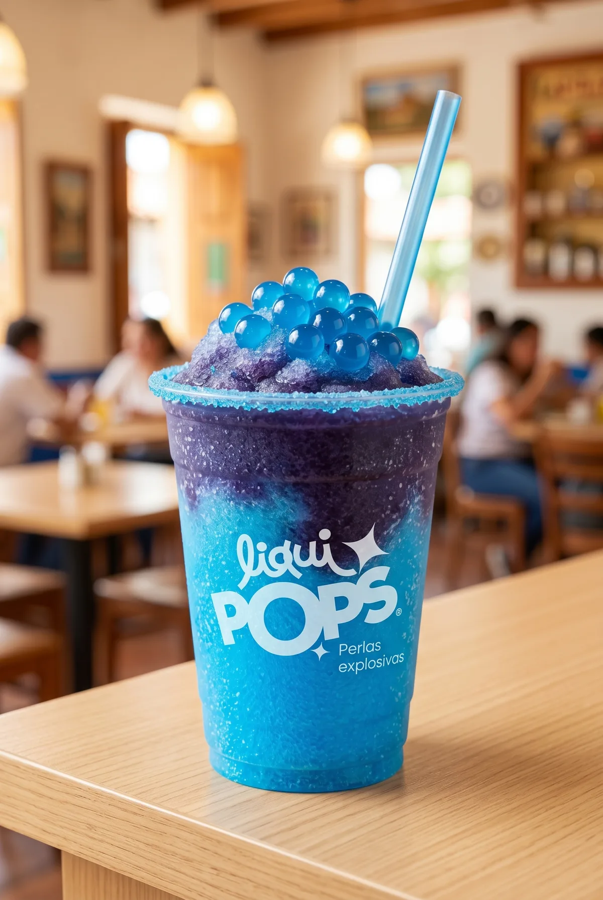 Granizado azul con perlas explosivas azules LiquiPops y borde escarchado en vaso LiquiPops, ambiente de local