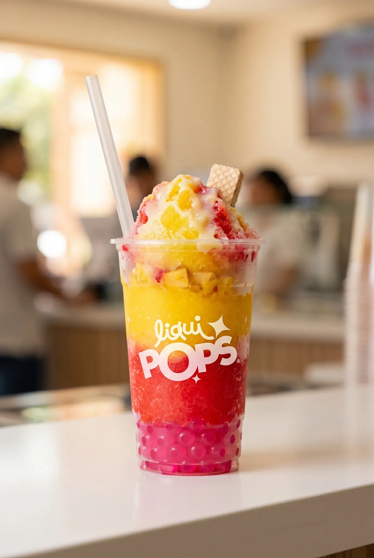 Granizado de cereza y mora con perlas explosivas rojas LiquiPops — raspado intenso servido en vaso