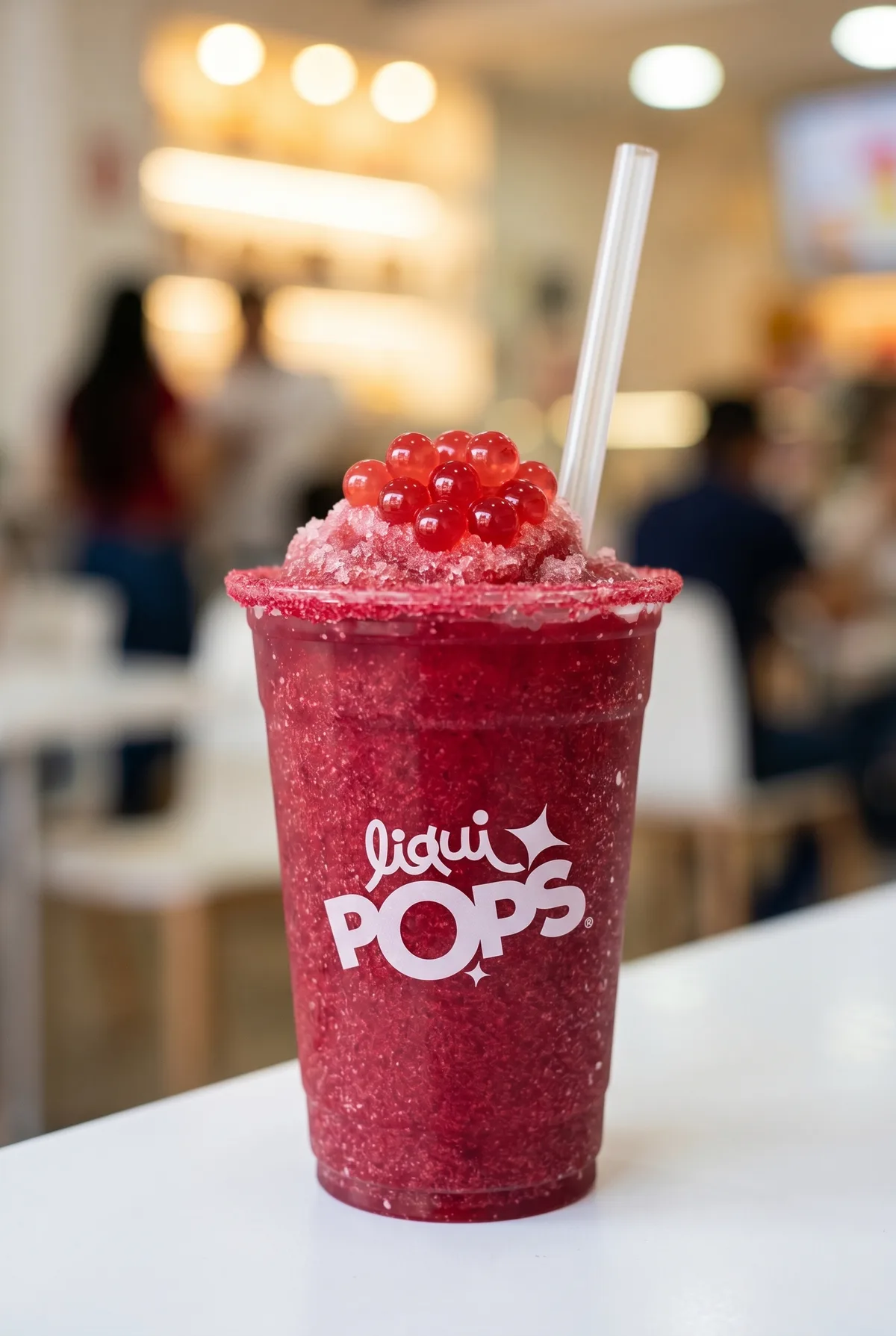 Granizado rojo de cereza con escarchado y perlas explosivas rojas LiquiPops — vaso LiquiPOPS sobre mesa blanca