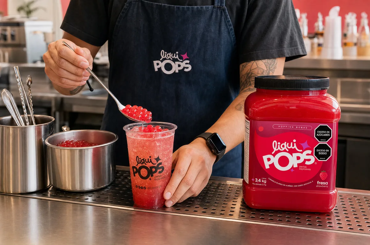 Persona sirviendo con cuchara perlas explosivas rojas de fresa sobre un granizado rojo en vaso LiquiPops, junto al tarro de perlas explosivas sabor fresa en barra de cocina
