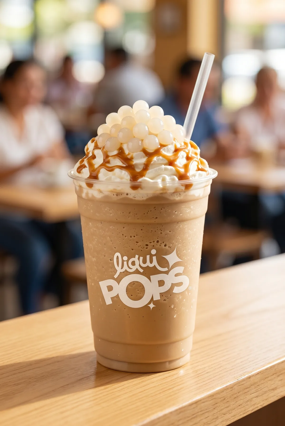 Granizado de fresa con perlas explosivas rosadas LiquiPops — raspado vibrante servido en vaso de mostrador