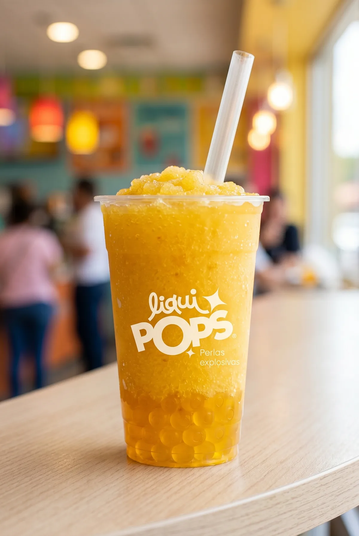 Granizado de fresa rojo con perlas explosivas LiquiPops — vaso para llevar en cafeteria