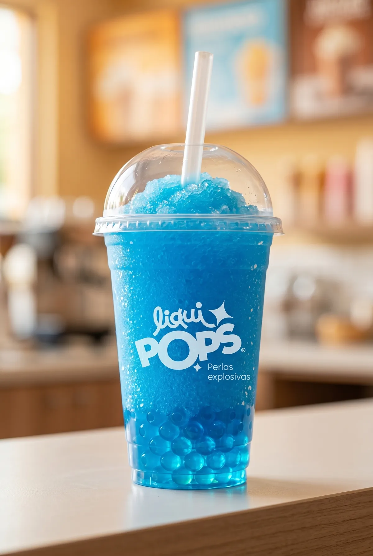 Granizado de mango con perlas explosivas amarillas LiquiPops — vaso para llevar en cafeteria