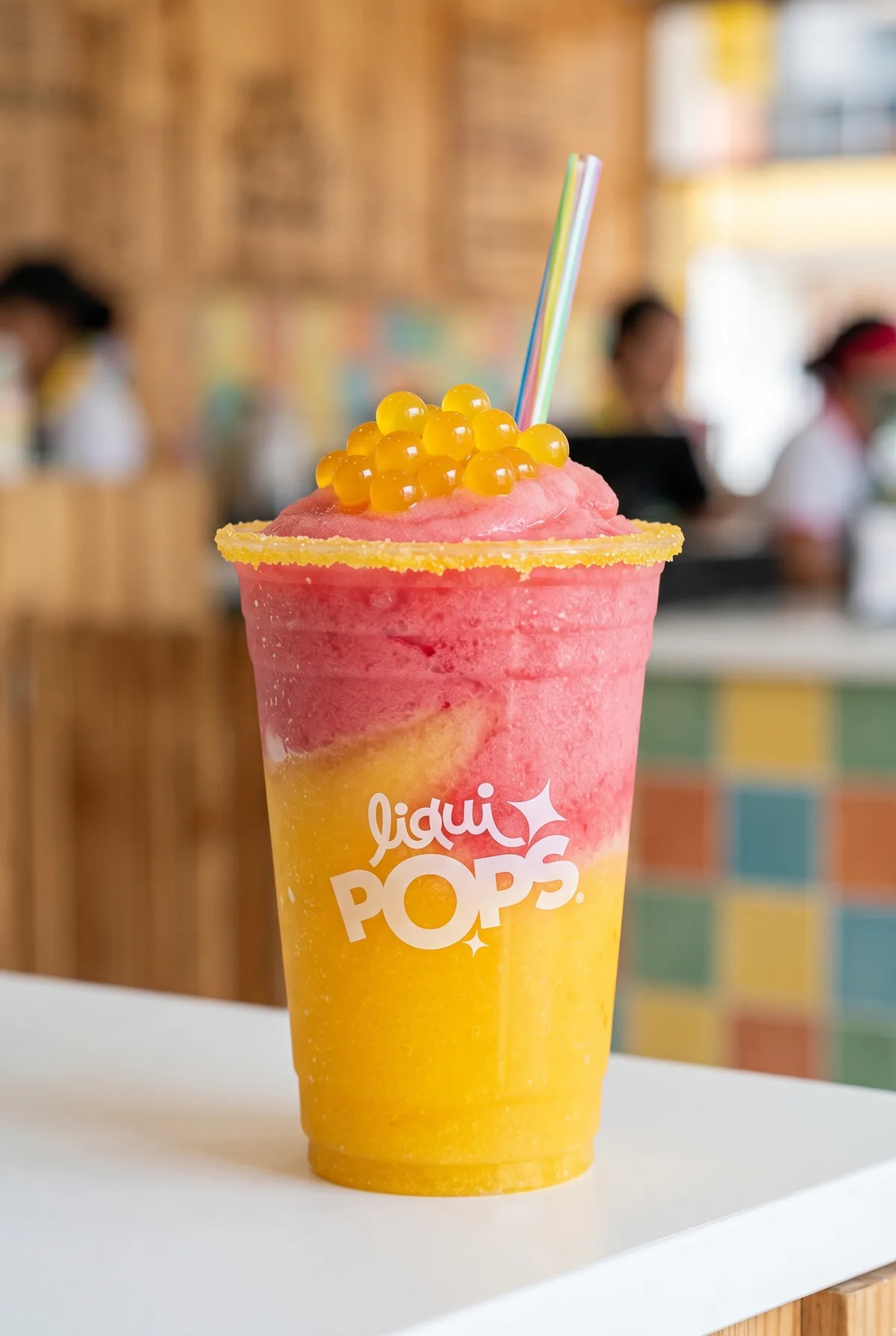 Granizado de mango y fresa en capas amarillo y rosado con perlas explosivas amarillas LiquiPops y borde escarchado, sobre barra de local