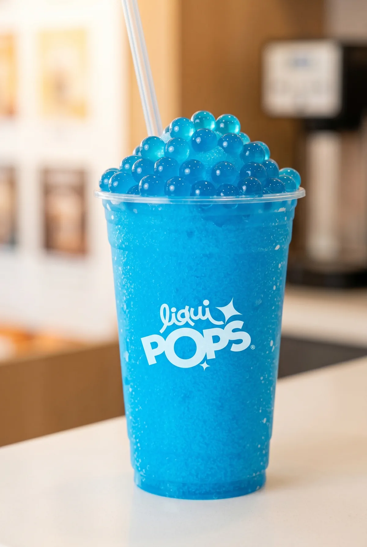 Granizado de mango con perlas explosivas amarillas LiquiPops — raspado tropical servido en vaso