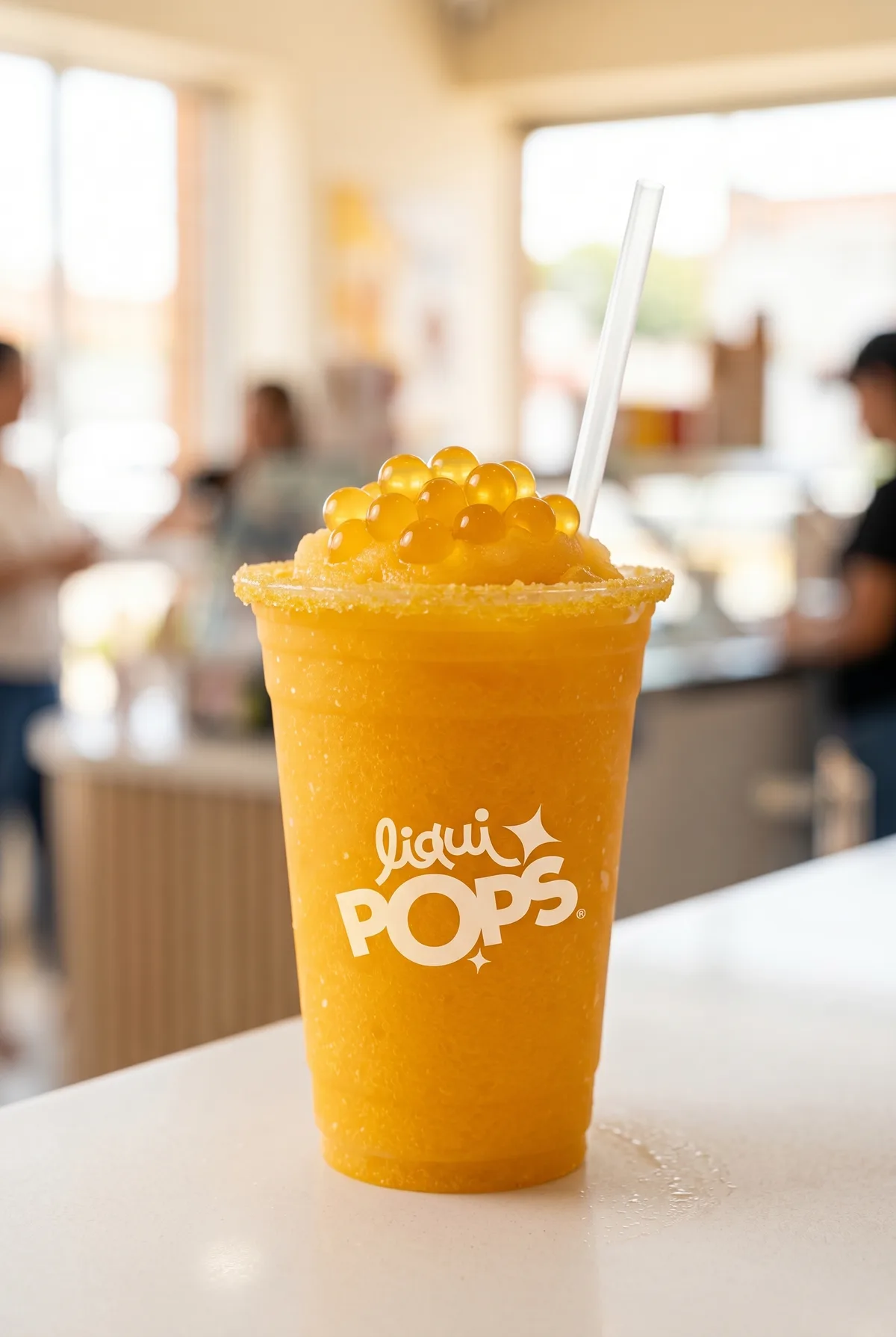 Granizado de mango amarillo con escarchado y perlas explosivas amarillas LiquiPops — vaso LiquiPOPS en heladería