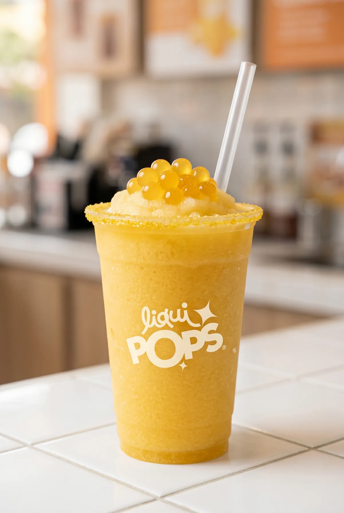 Granizado amarillo de maracuyá con escarchado y perlas explosivas amarillas LiquiPops — vaso LiquiPOPS sobre mesón de azulejos