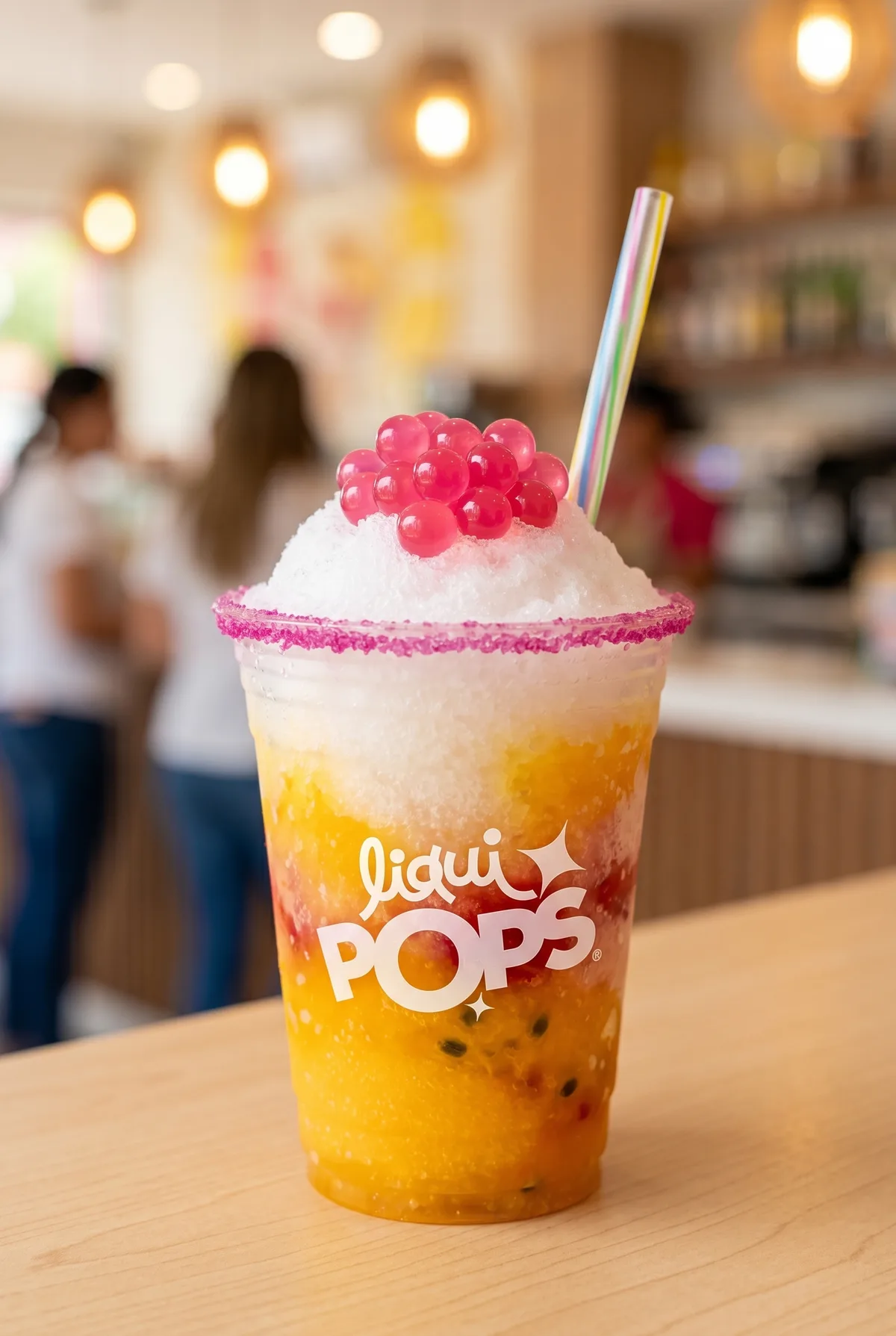 Granizado de maracuya con capa de hielo raspado y perlas explosivas rosadas LiquiPops, borde escarchado en vaso LiquiPops
