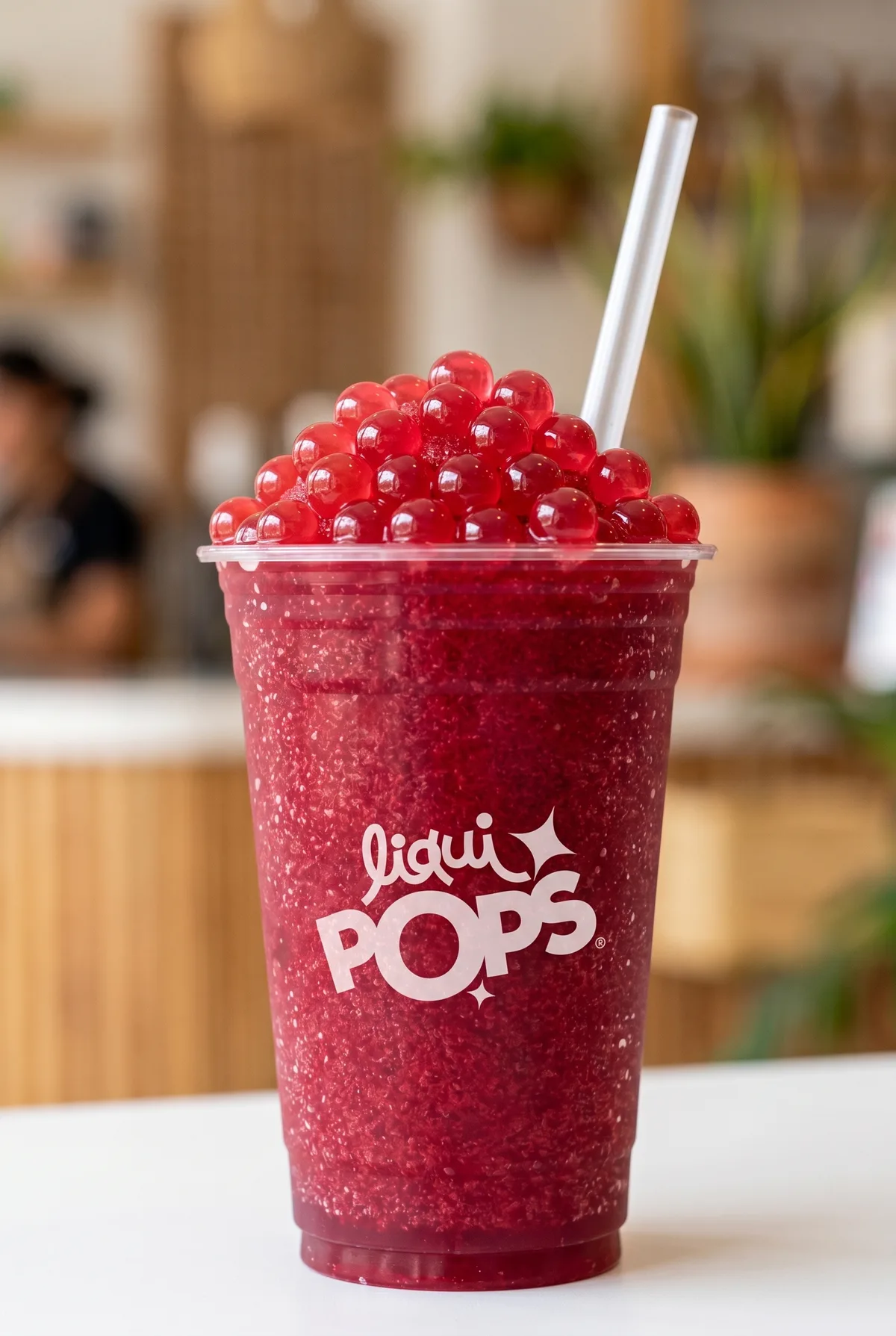 Granizado de maracuyá y piña con perlas explosivas amarillas LiquiPops — raspado tropical servido en vaso