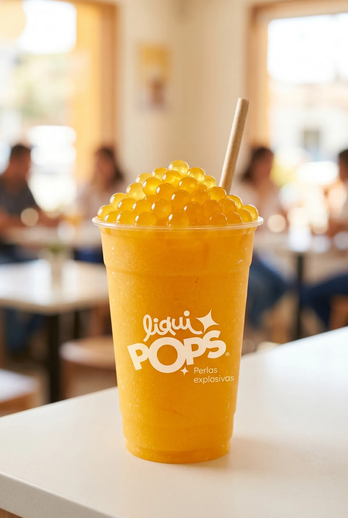 Granizado tipo michelada de tamarindo con borde escarchado y perlas explosivas naranjas LiquiPops — bebida helada en vaso