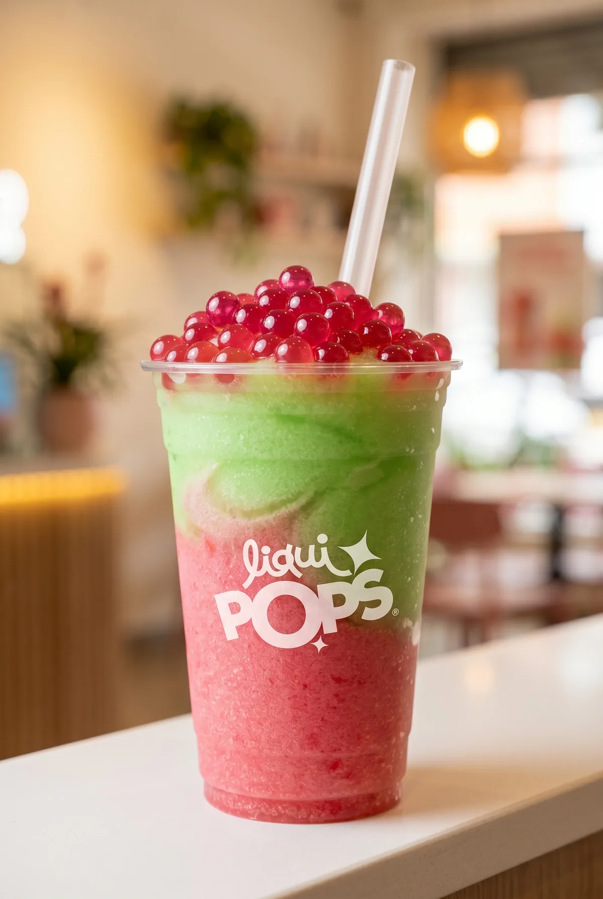 Granizado bicolor verde y rojo de sandía y melón con perlas explosivas rojas LiquiPops — vaso LiquiPOPS sobre mesa blanca