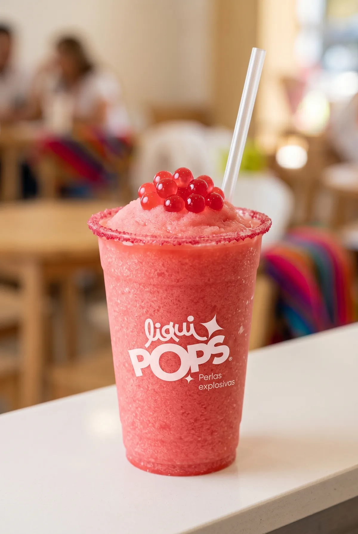 Granizado rosado de sandía con escarchado y perlas explosivas rojas LiquiPops — vaso LiquiPOPS sobre mesa blanca