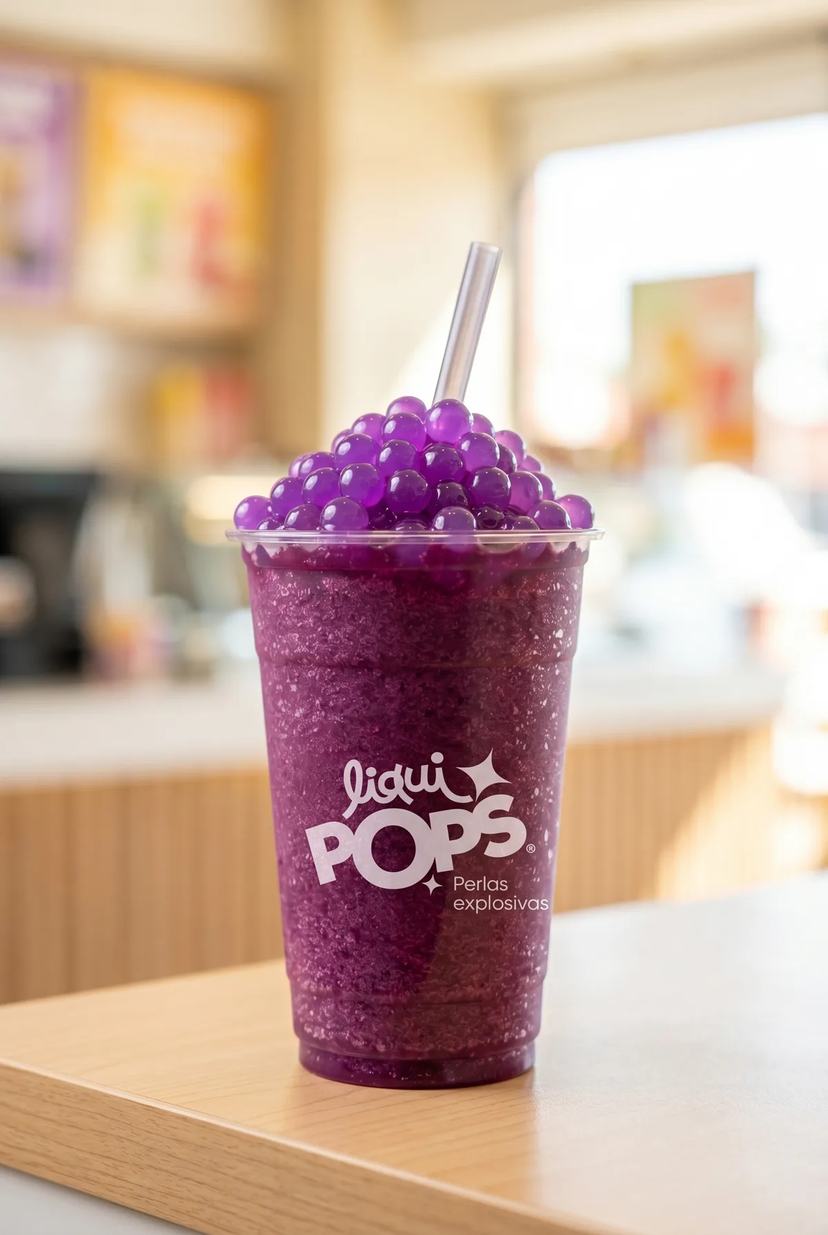 Granizado de sandía con perlas explosivas rojas LiquiPops — raspado rosado servido en mostrador