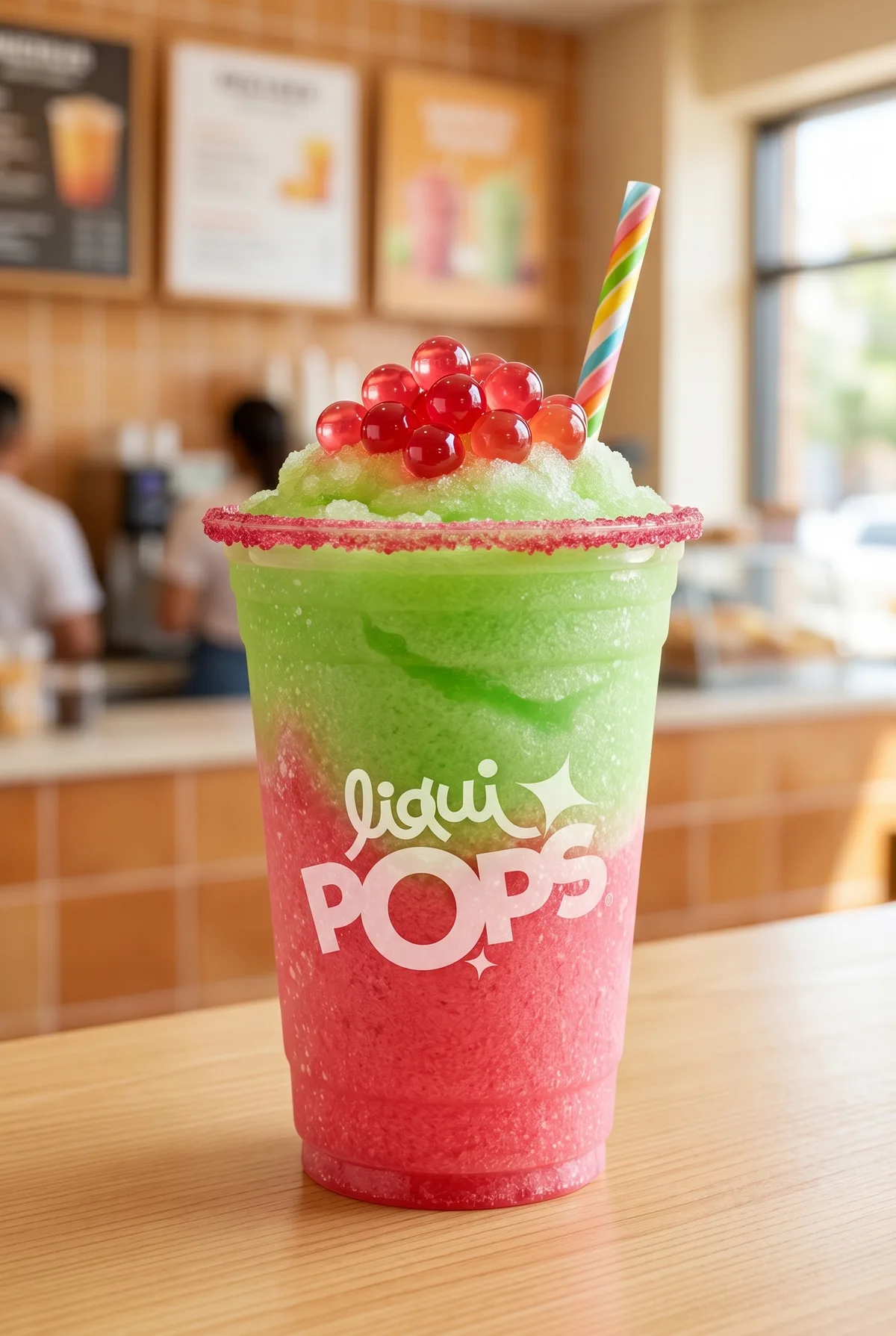 Granizado verde y rojo estilo sandia con perlas explosivas rojas LiquiPops y borde escarchado, sobre mesa de madera