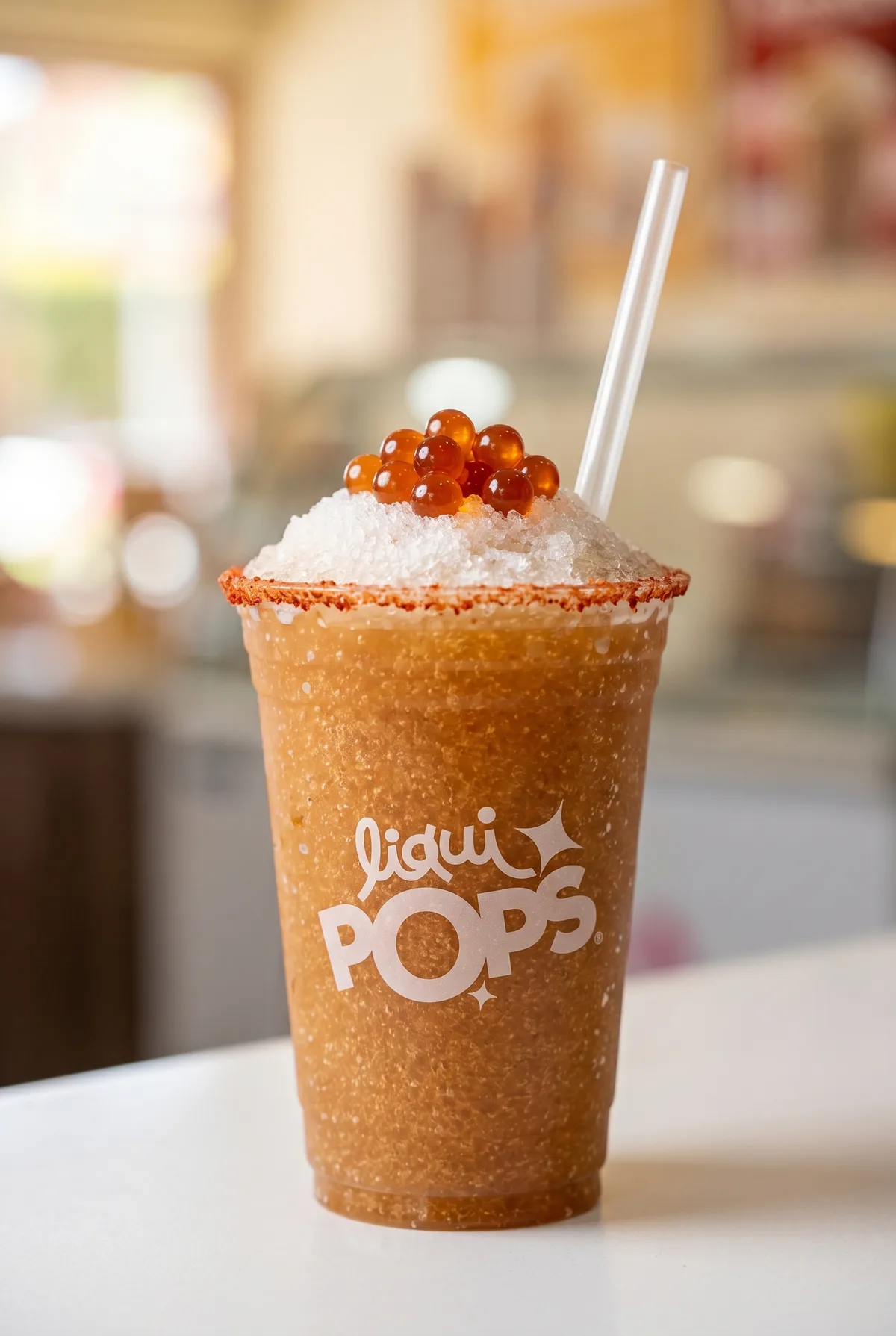 Granizado de tamarindo con escarchado de chile y perlas explosivas ámbar LiquiPops — vaso LiquiPOPS sobre mesa blanca