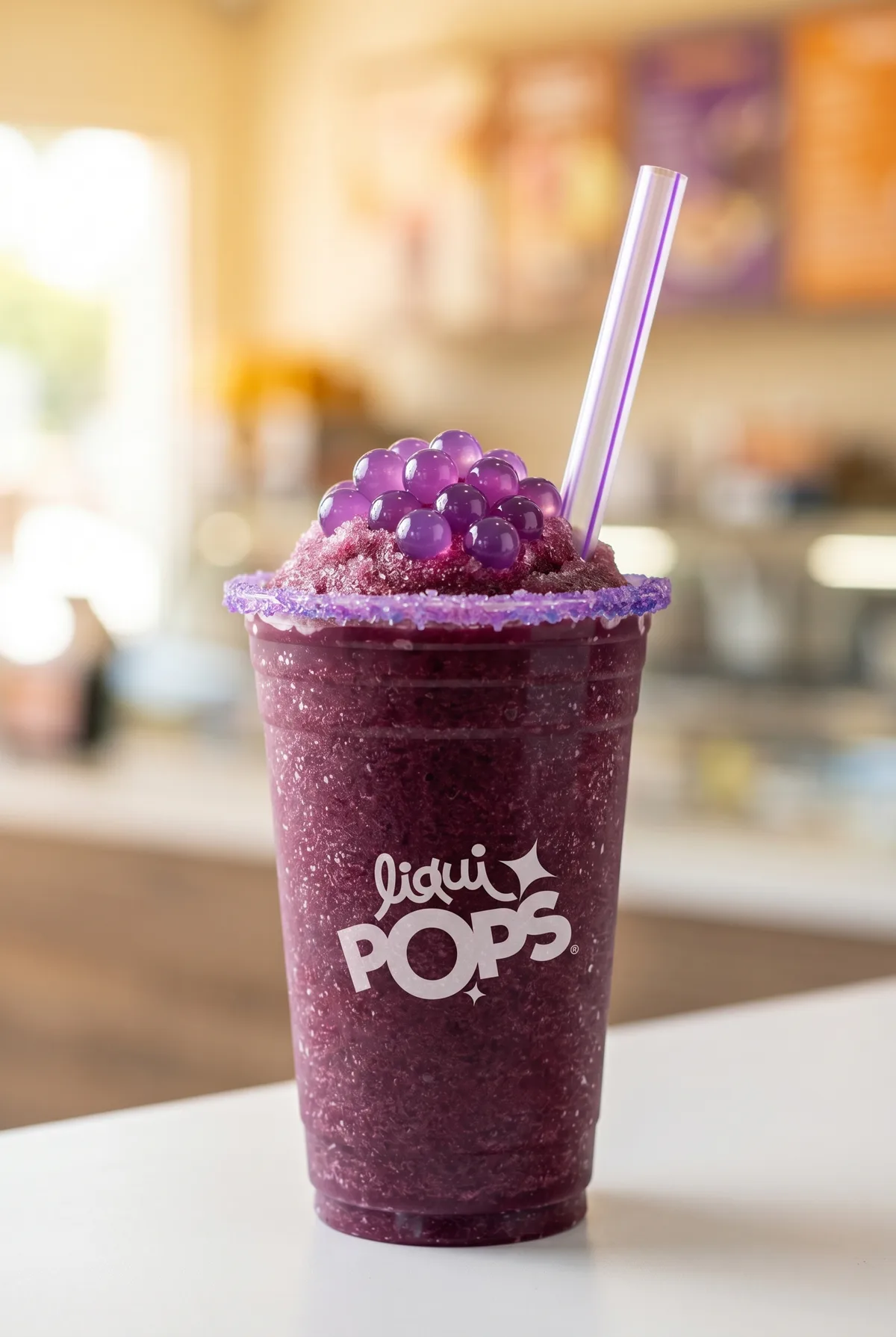 Granizado morado de uva con escarchado y perlas explosivas moradas LiquiPops — vaso LiquiPOPS en local de bebidas