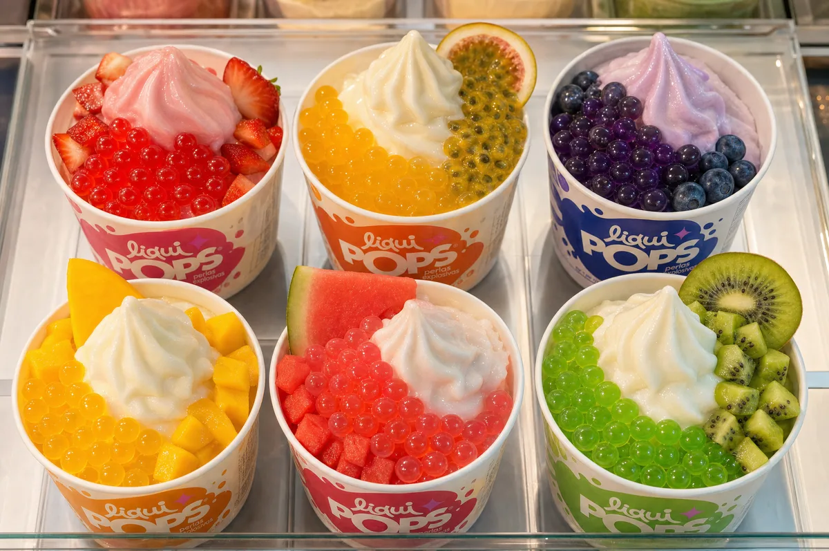 Seis vasos de yogur helado con frutas y perlas explosivas de colores LiquiPops sabores fresa, maracuyá, mora, mango, sandía y kiwi — vitrina surtida