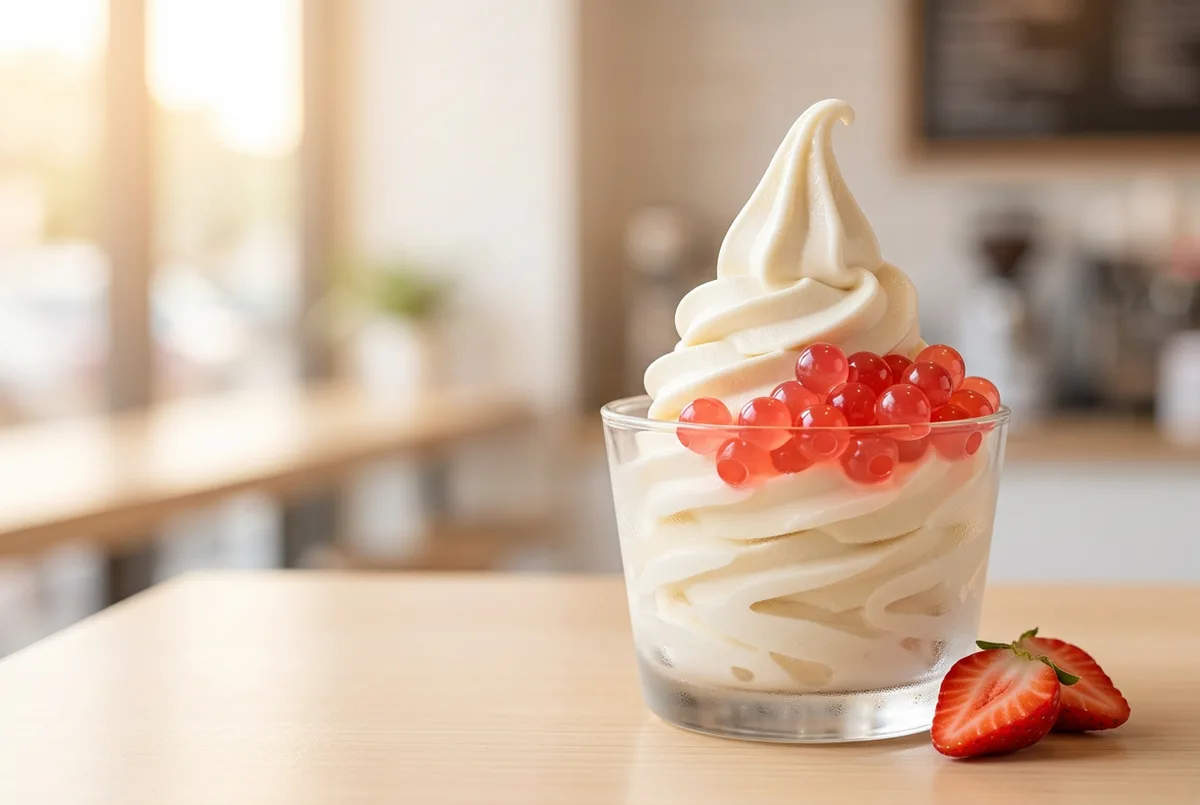 Copa de helado suave con perlas explosivas de fresa LiquiPops y fresa fresca — postre cremoso con popping boba