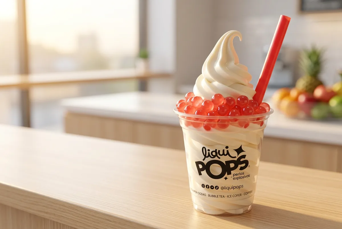 Helado suave en vaso LiquiPops coronado con perlas explosivas de fresa — antojo cremoso con popping boba