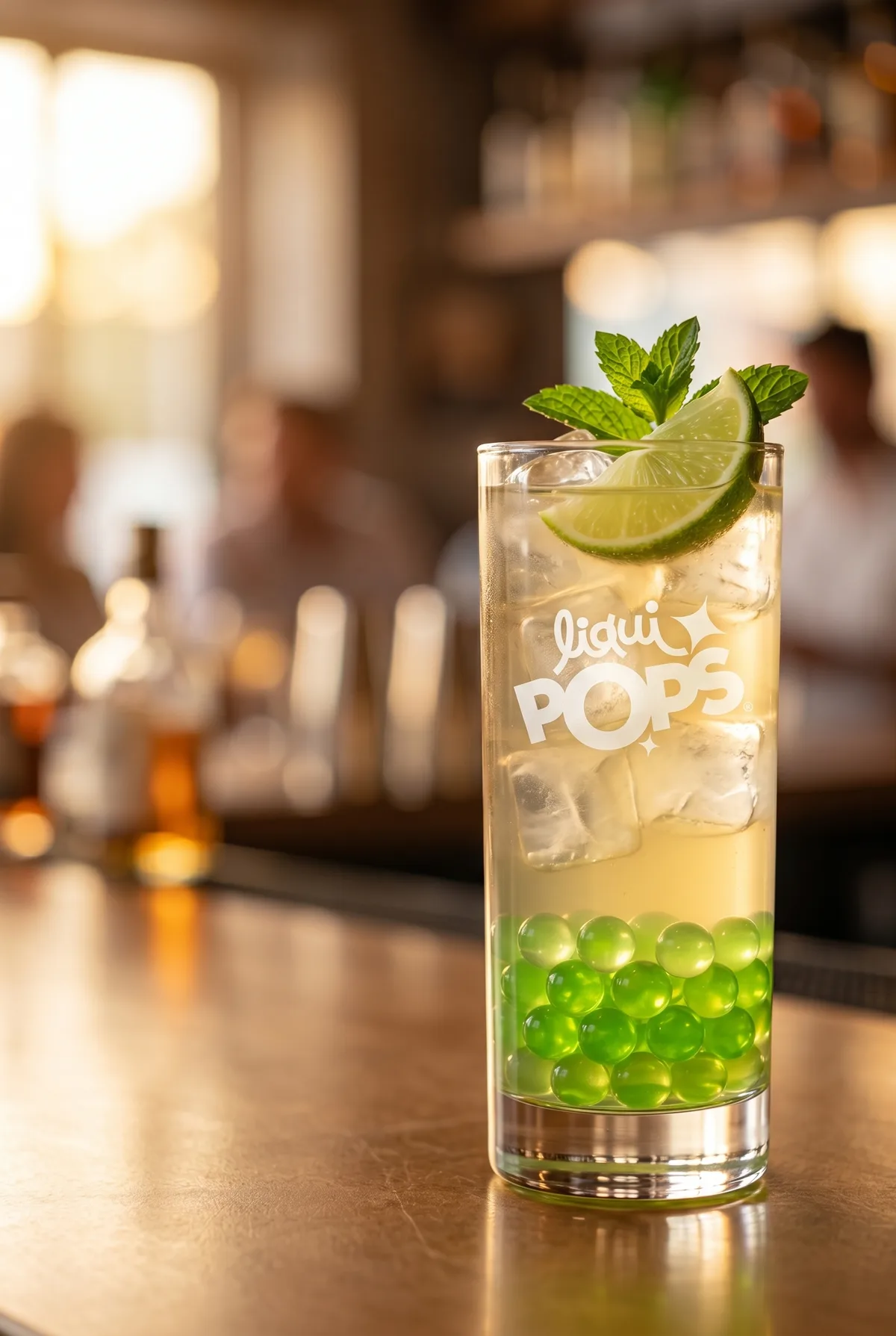 Cóctel highball cítrico con perlas explosivas verdes de manzana LiquiPops, lima y menta — sobre la barra de un bar