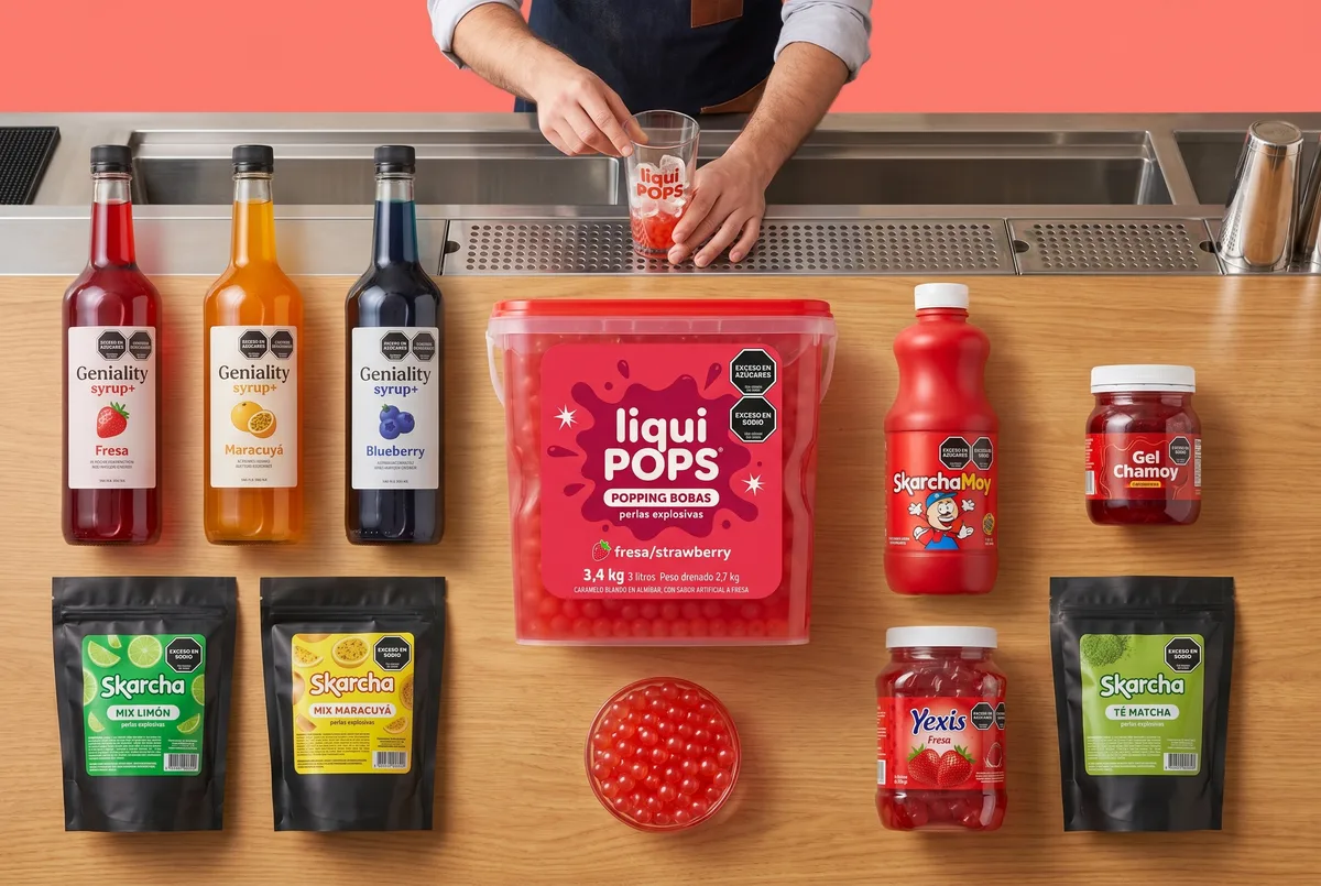 Kit con perlas explosivas LiquiPops sabor fresa, siropes Geniality, Skarcha, Yexis y gel chamoy en barra