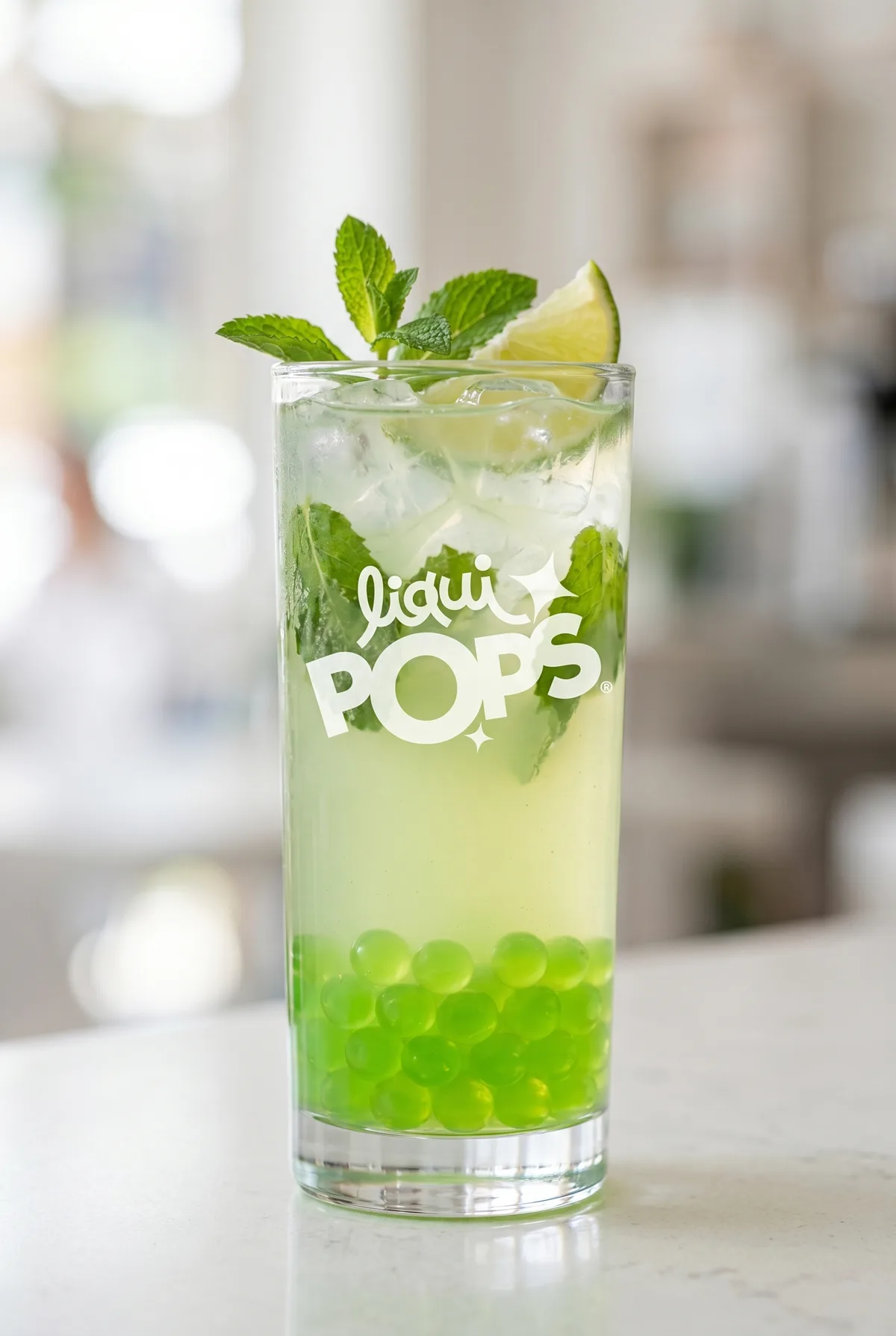 Limonada verde de manzana con hierbabuena y perlas explosivas verdes LiquiPops — vaso alto con menta y rodaja de limón