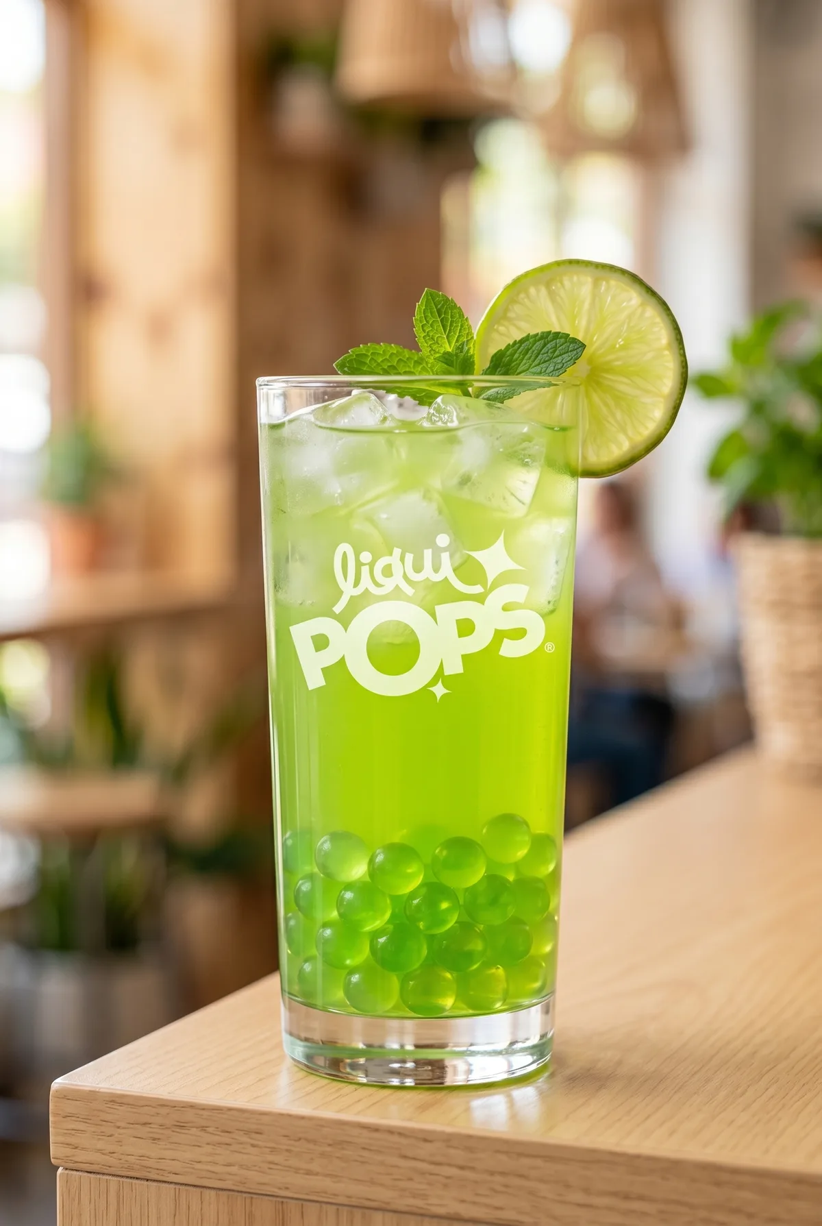 Limonada verde de manzana con menta y perlas explosivas verdes LiquiPops — vaso alto con hielo y rodaja de limón