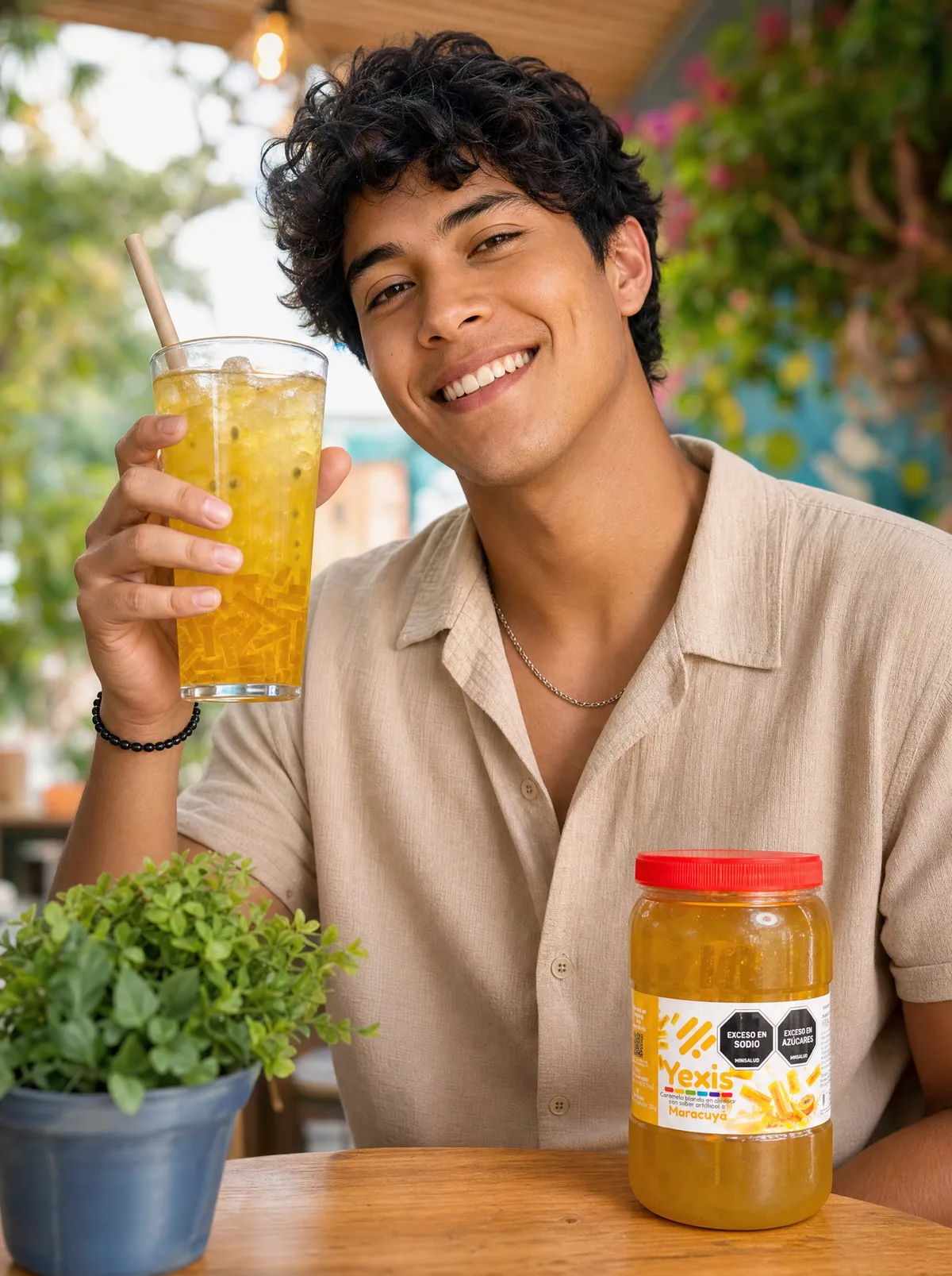 Chico disfrutando una limonada amarilla sabor maracuyá con jellys Yexis y perlas explosivas LiquiPops — patio con plantas