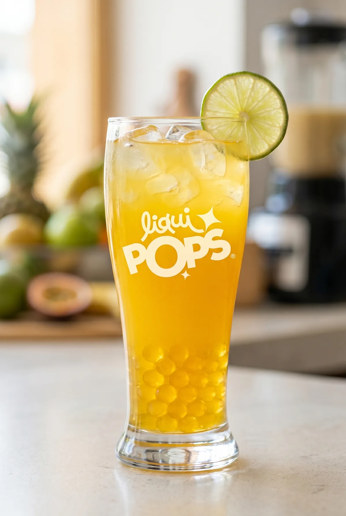 Limonada amarilla de maracuyá con perlas explosivas doradas LiquiPops — vaso con hielo y rodaja de limón en cocina con frutas
