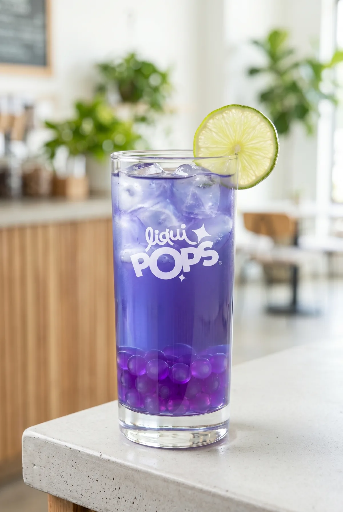 Limonada morada de uva con perlas explosivas moradas LiquiPops — vaso alto con hielo y rodaja de limón en café