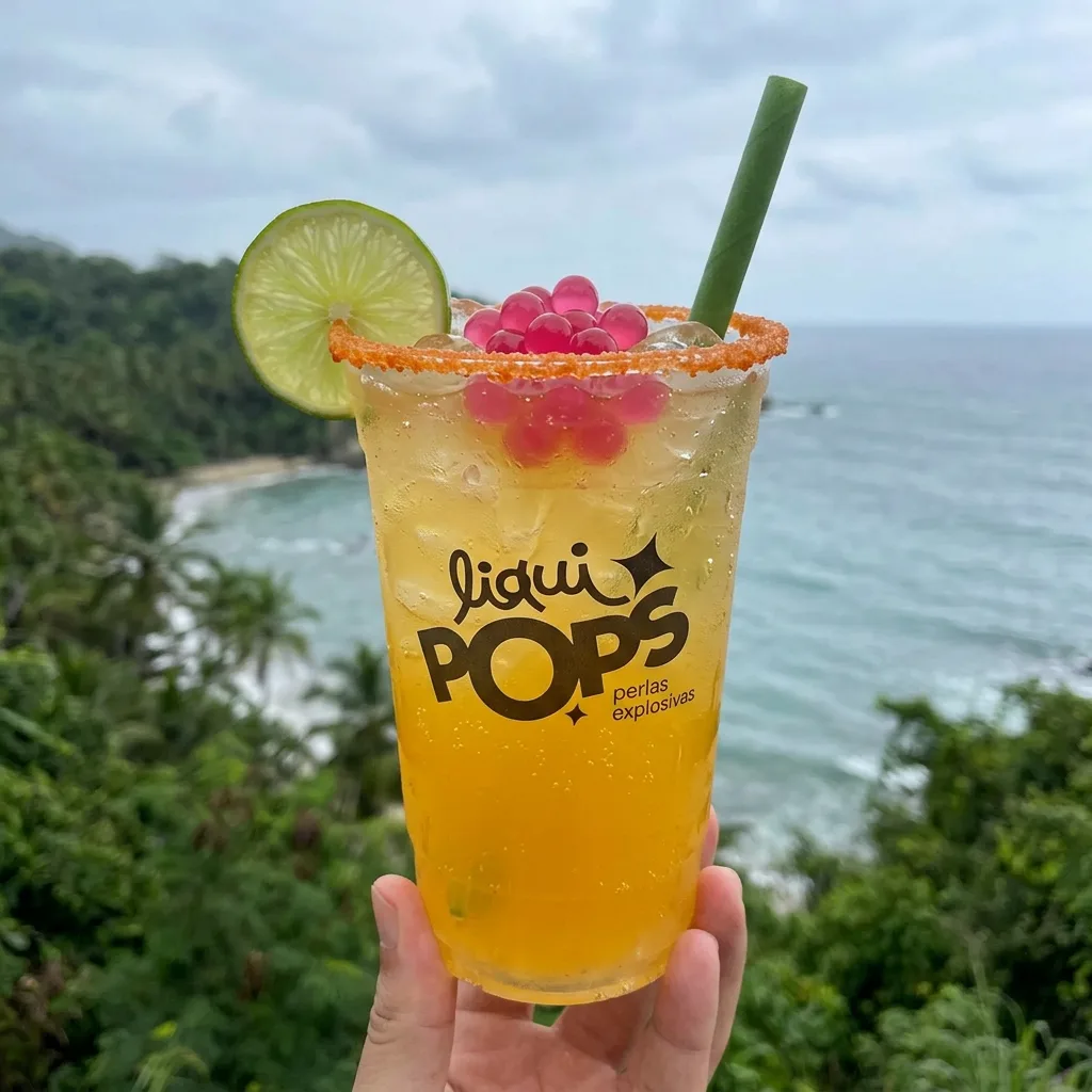Limonada con perlas explosivas rosadas LiquiPops, borde escarchado y rodaja de limon, sostenida frente al mar y la selva tropical