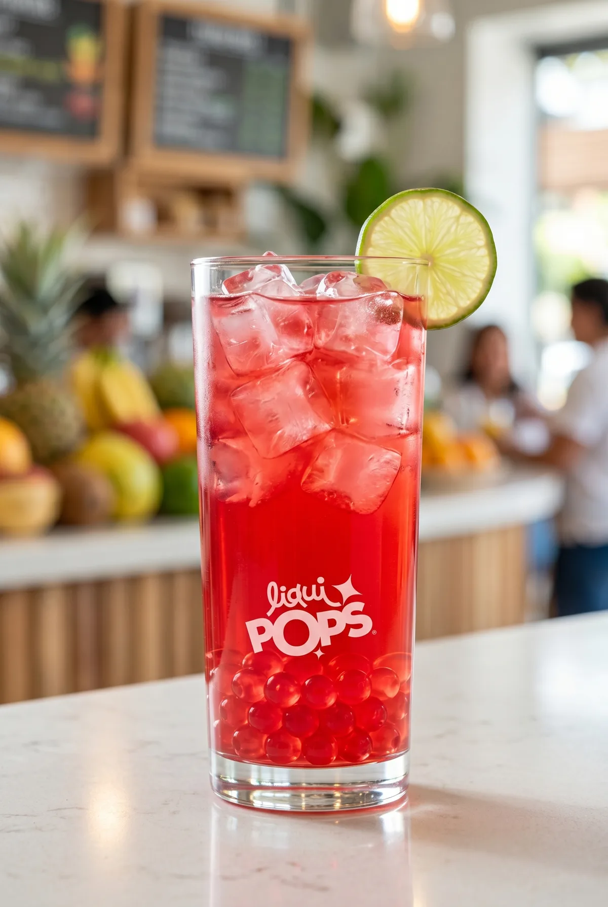 Limonada roja de frutos rojos con perlas explosivas rojas LiquiPops — vaso alto con hielo y rodaja de limón en juguería