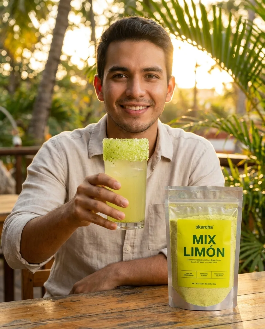 Persona disfrutando una limonada verde escarchada con perlas explosivas LiquiPops y mix limón Skarcha en una terraza tropical