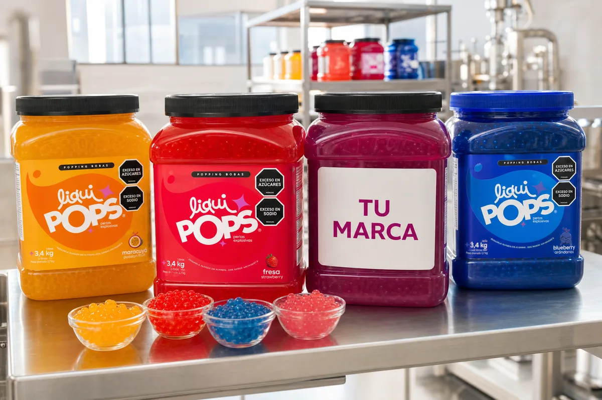 Cuatro tinas de 3,4 kg de maracuyá, fresa, marca propia y blueberry con bowls de perlas explosivas de sabores con perlas explosivas LiquiPops sobre mesa de acero